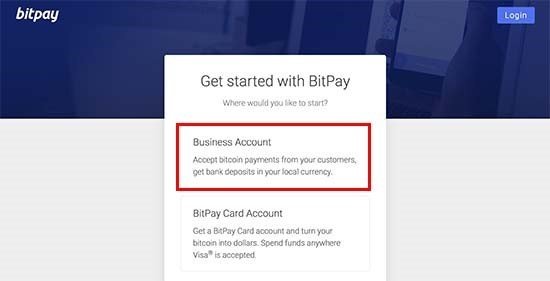 Get started with the Bitpay sign up process.
