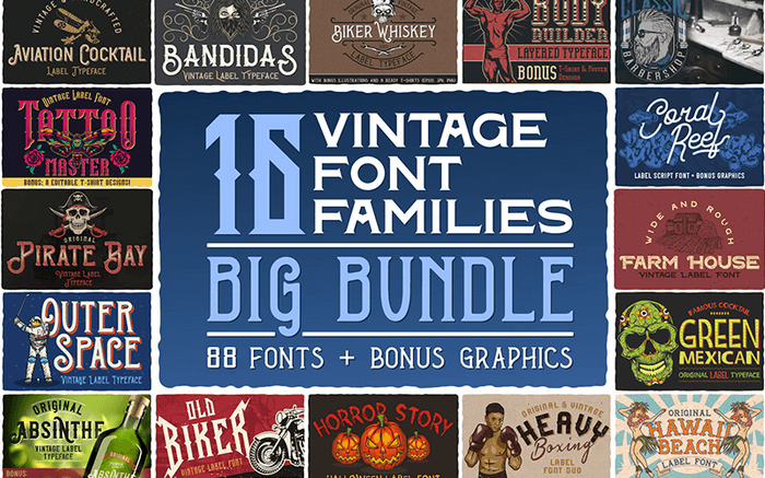 Vintage Fonts Bundle is a bundle including 88 retro fonts.