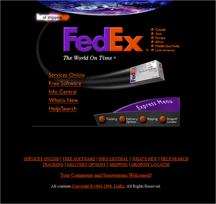 Famous Brands Websites - FedEx website layout 1996.