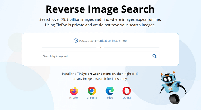 Go to TinEye.com, and you’ll see a simple search box where you can upload an image or paste an image URL.